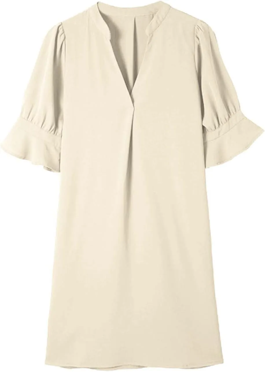 Summer Dresses for Women 2024 Casual V Neck Stylish Tunic Dress Ruffle Short Sleeve Solid Color Loose Flowy Shirt Dresses