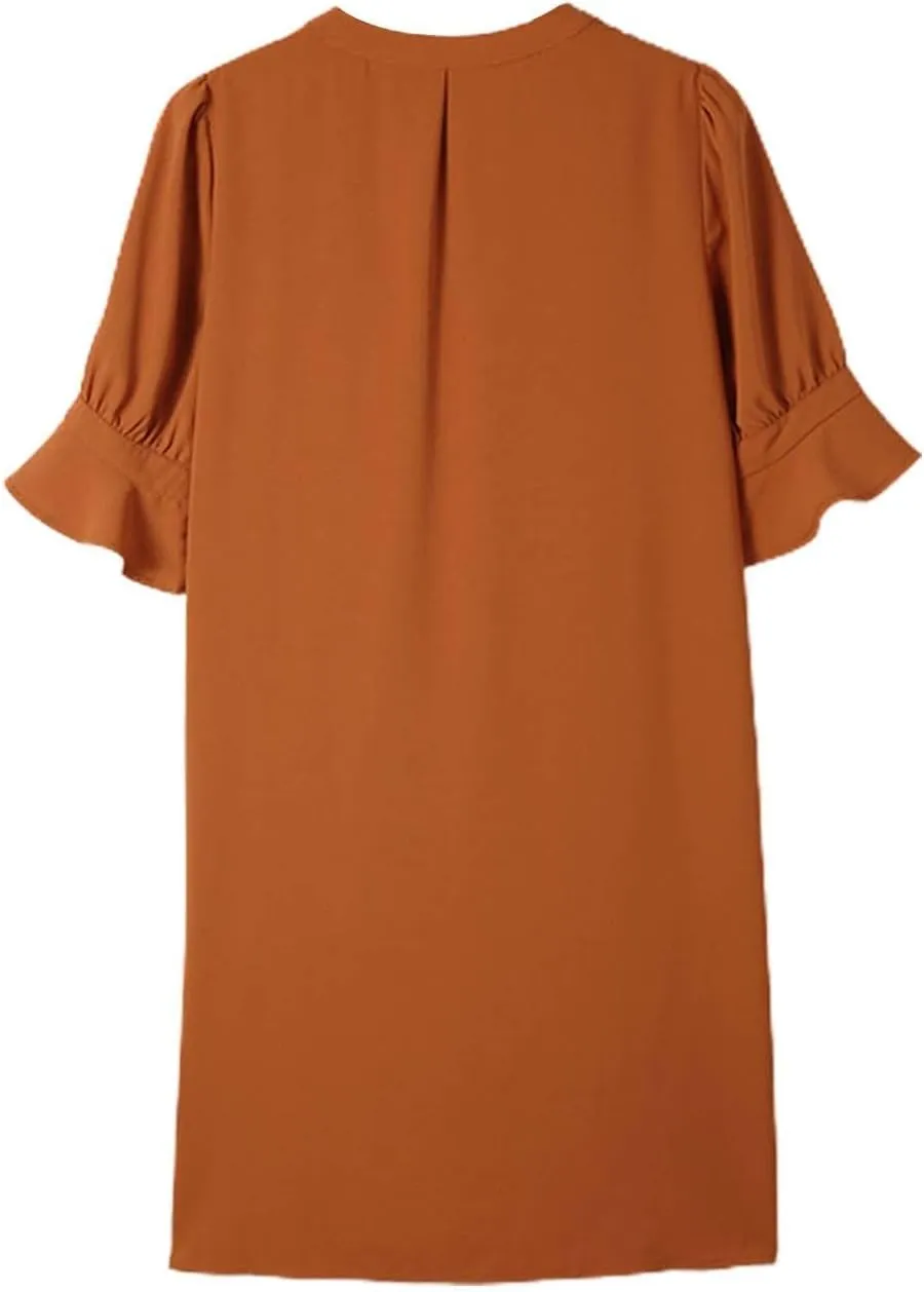 Summer Dresses for Women 2024 Casual V Neck Stylish Tunic Dress Ruffle Short Sleeve Solid Color Loose Flowy Shirt Dresses