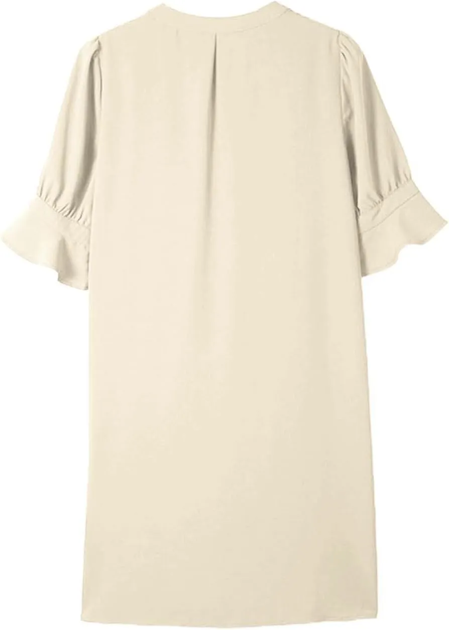 Summer Dresses for Women 2024 Casual V Neck Stylish Tunic Dress Ruffle Short Sleeve Solid Color Loose Flowy Shirt Dresses