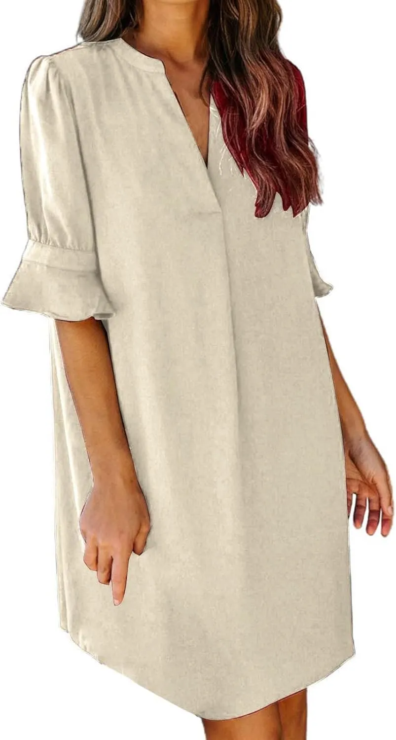Summer Dresses for Women 2024 Casual V Neck Stylish Tunic Dress Ruffle Short Sleeve Solid Color Loose Flowy Shirt Dresses