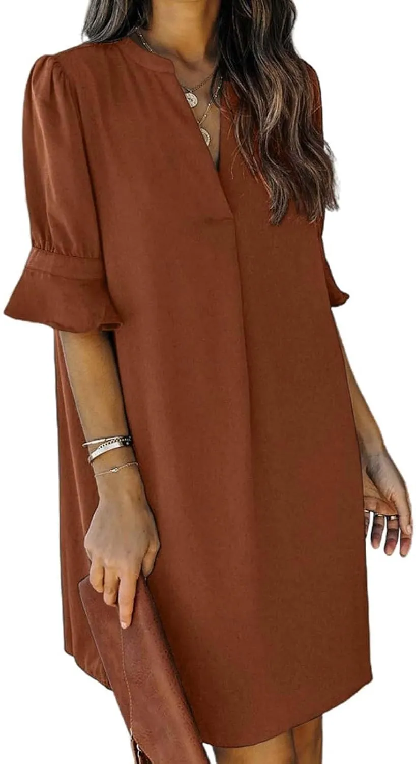 Summer Dresses for Women 2024 Casual V Neck Stylish Tunic Dress Ruffle Short Sleeve Solid Color Loose Flowy Shirt Dresses