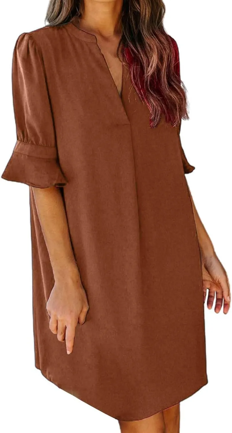 Summer Dresses for Women 2024 Casual V Neck Stylish Tunic Dress Ruffle Short Sleeve Solid Color Loose Flowy Shirt Dresses