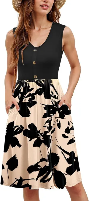 Summer Dresses for Women 2025 Button Down Sleeveless V Neck Waist Midi Dress Fashion Printed Dress Sundress