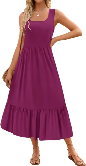 Summer Dresses for Women 2025 Fashion Sleeveless Maxi Dress Square Neck Casual Tiered Long Dress Beach Vacation Sundress