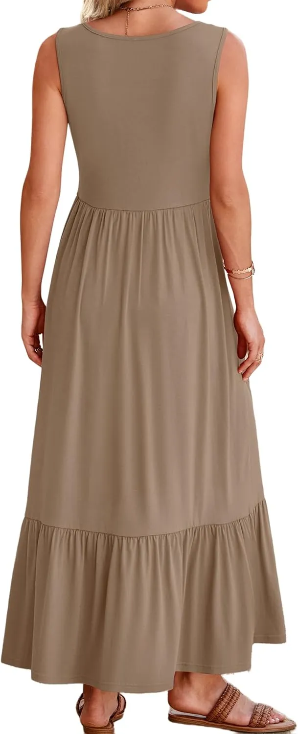 Summer Dresses for Women 2025 Fashion Sleeveless Maxi Dress Square Neck Casual Tiered Long Dress Beach Vacation Sundress