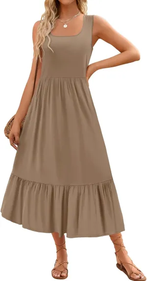 Summer Dresses for Women 2025 Fashion Sleeveless Maxi Dress Square Neck Casual Tiered Long Dress Beach Vacation Sundress