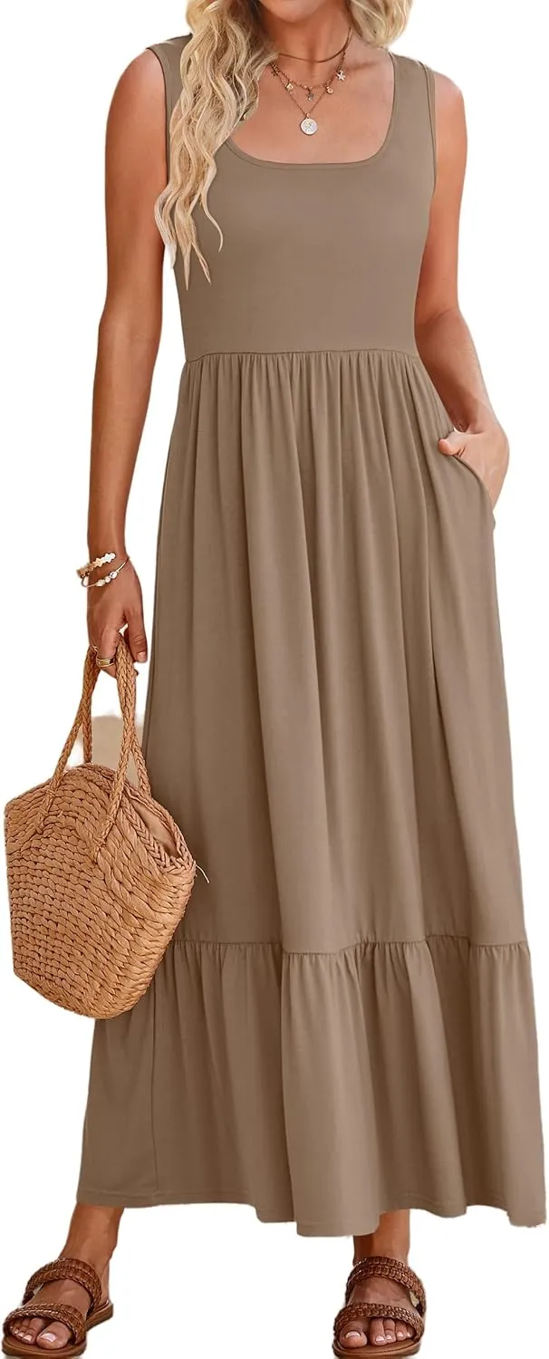 Summer Dresses for Women 2025 Fashion Sleeveless Maxi Dress Square Neck Casual Tiered Long Dress Beach Vacation Sundress