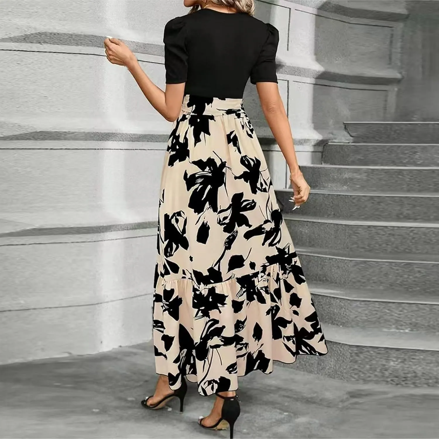 Summer Dresses for Women 2025 Floral Formal DressWrap Short Sleeve Maxi Dress Patchwork Ruffle Hem A Line Dress