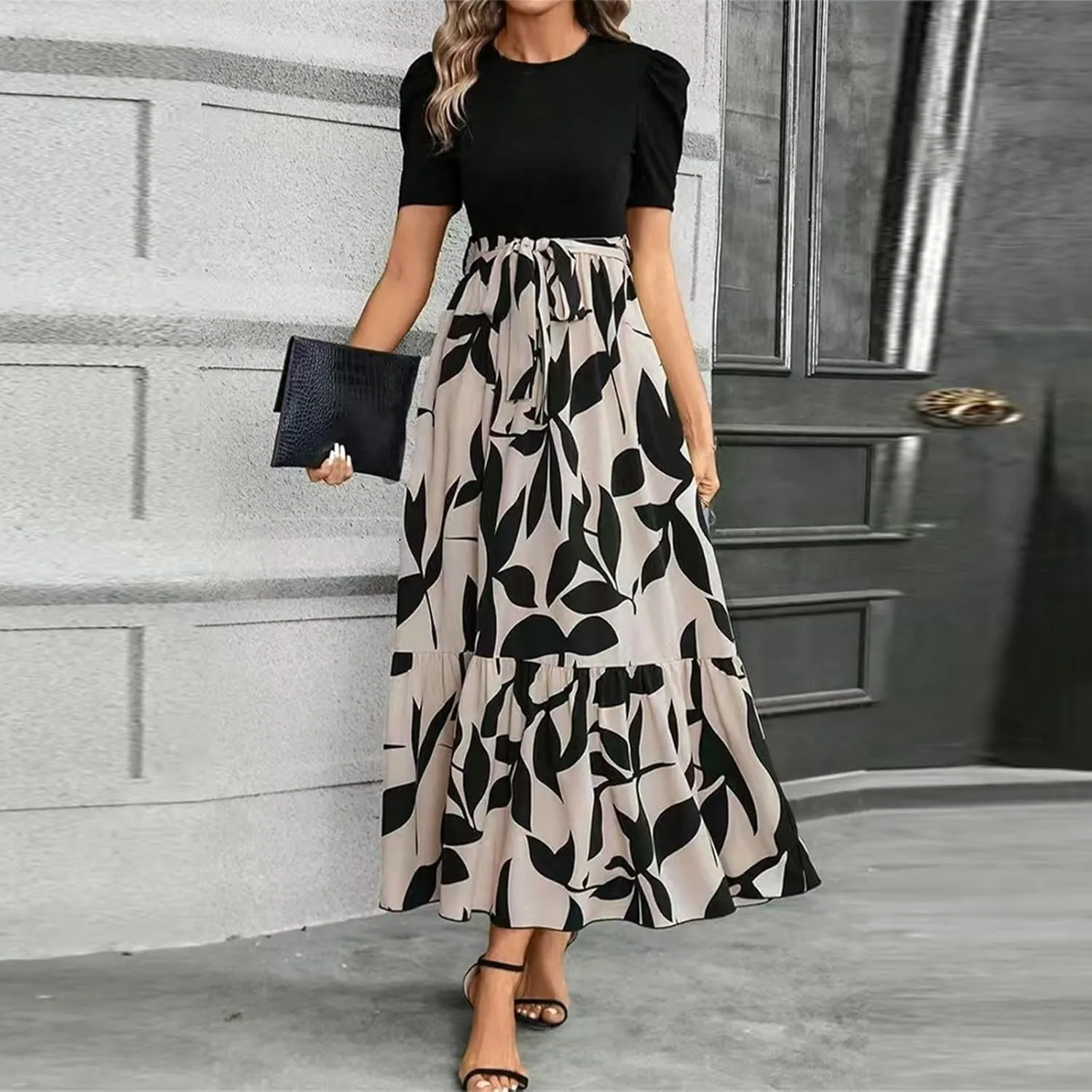 Summer Dresses for Women 2025 Floral Formal DressWrap Short Sleeve Maxi Dress Patchwork Ruffle Hem A Line Dress