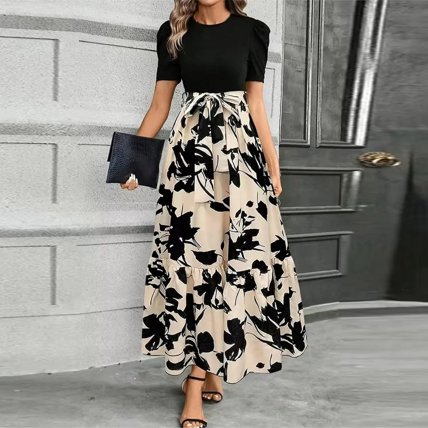 Summer Dresses for Women 2025 Floral Formal DressWrap Short Sleeve Maxi Dress Patchwork Ruffle Hem A Line Dress