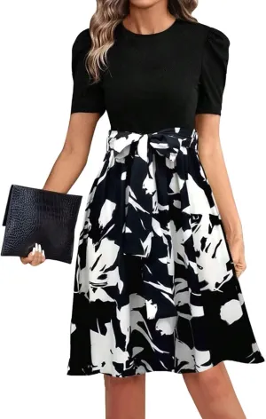 Summer Dresses for Women 2025 Floral Print Wrap Short Sleeve Midi Dress Elegant Patchwork Ruffle Hem A Line Dress