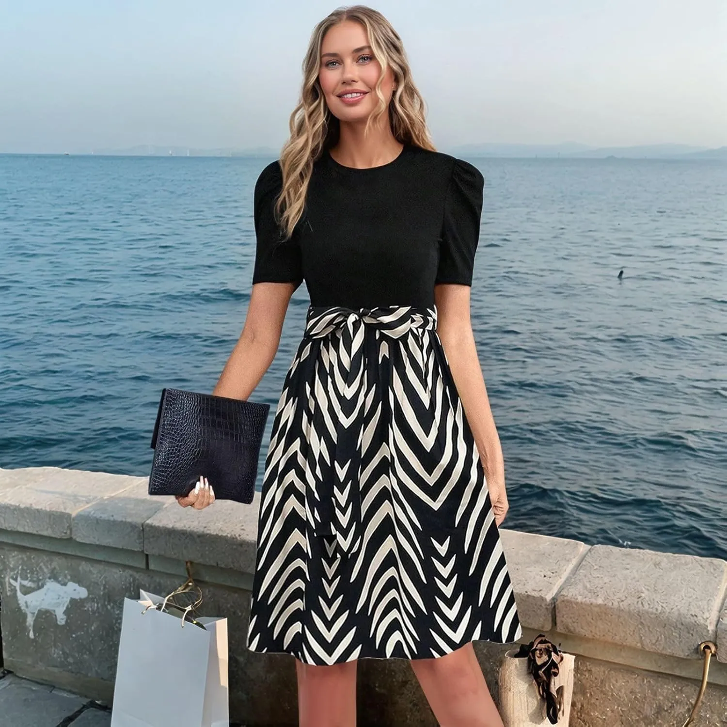 Summer Dresses for Women 2025 Floral Print Wrap Short Sleeve Midi Dress Elegant Patchwork Ruffle Hem A Line Dress
