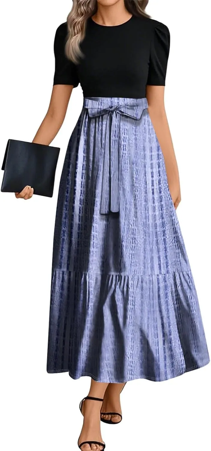 Summer Dresses for Women 2025 Geometric Splicing Elegant Wrap Short Sleeve Maxi Dress Patchwork Ruffle Hem A Line Dress
