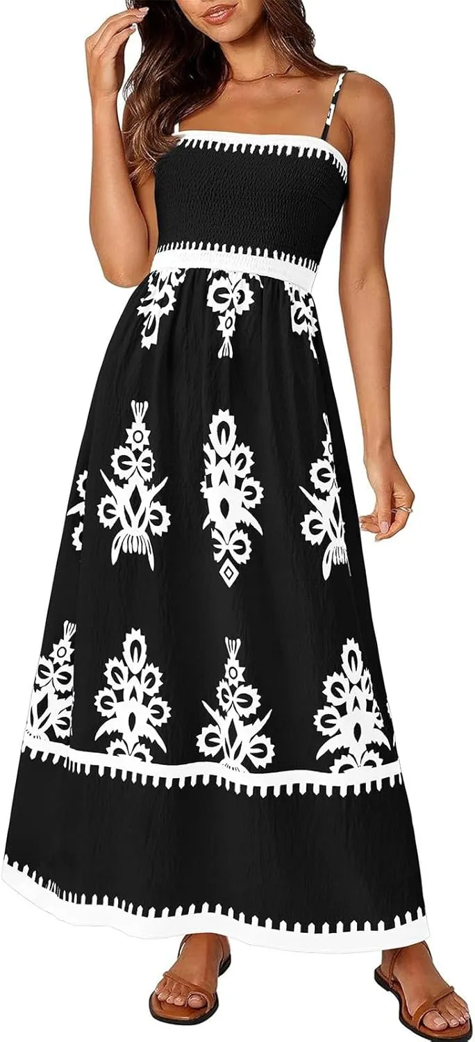 Summer Dresses for Women 2025 Square Neck Sleeveless Casual Boho Floral High Waist Slit Travel Vacation Sundress