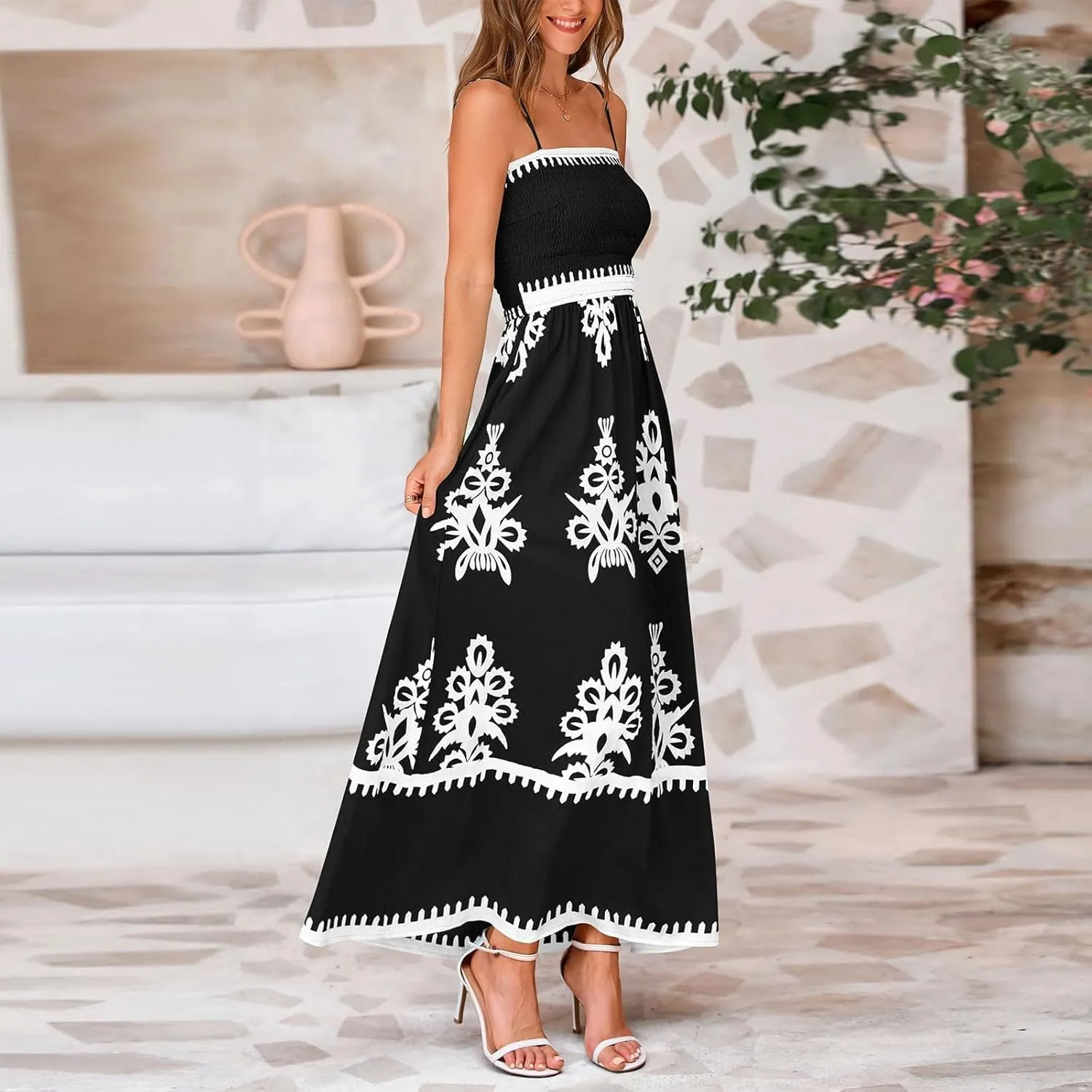 Summer Dresses for Women 2025 Square Neck Sleeveless Casual Boho Floral High Waist Slit Travel Vacation Sundress