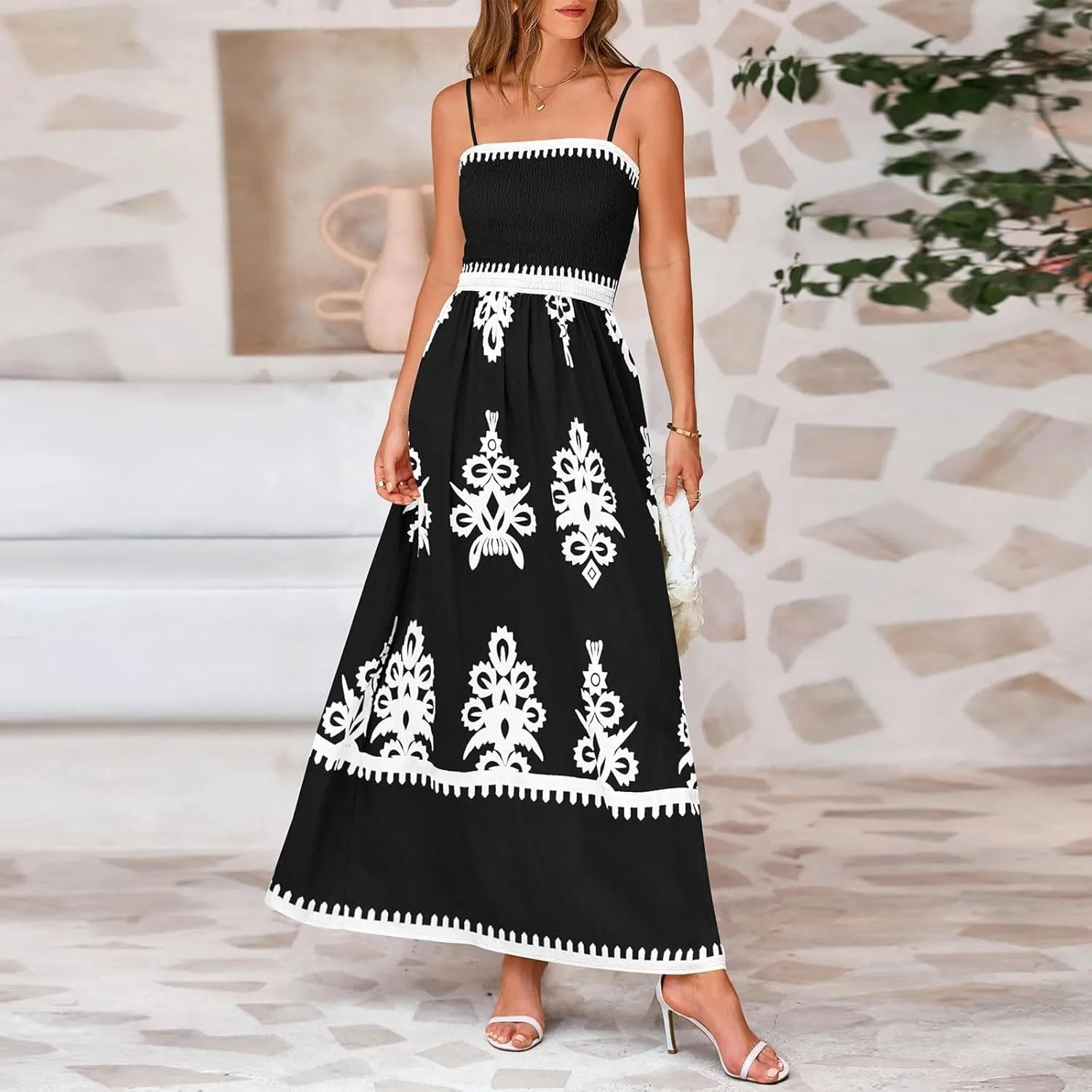 Summer Dresses for Women 2025 Square Neck Sleeveless Casual Boho Floral High Waist Slit Travel Vacation Sundress