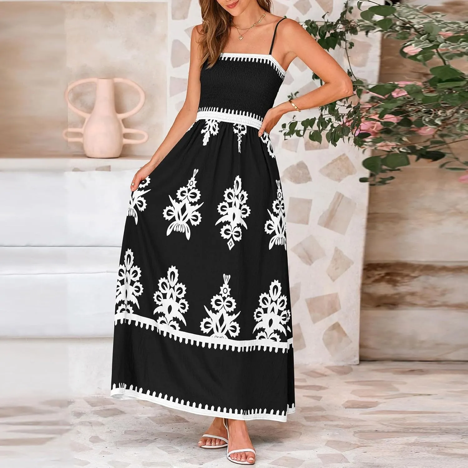 Summer Dresses for Women 2025 Square Neck Sleeveless Casual Boho Floral High Waist Slit Travel Vacation Sundress