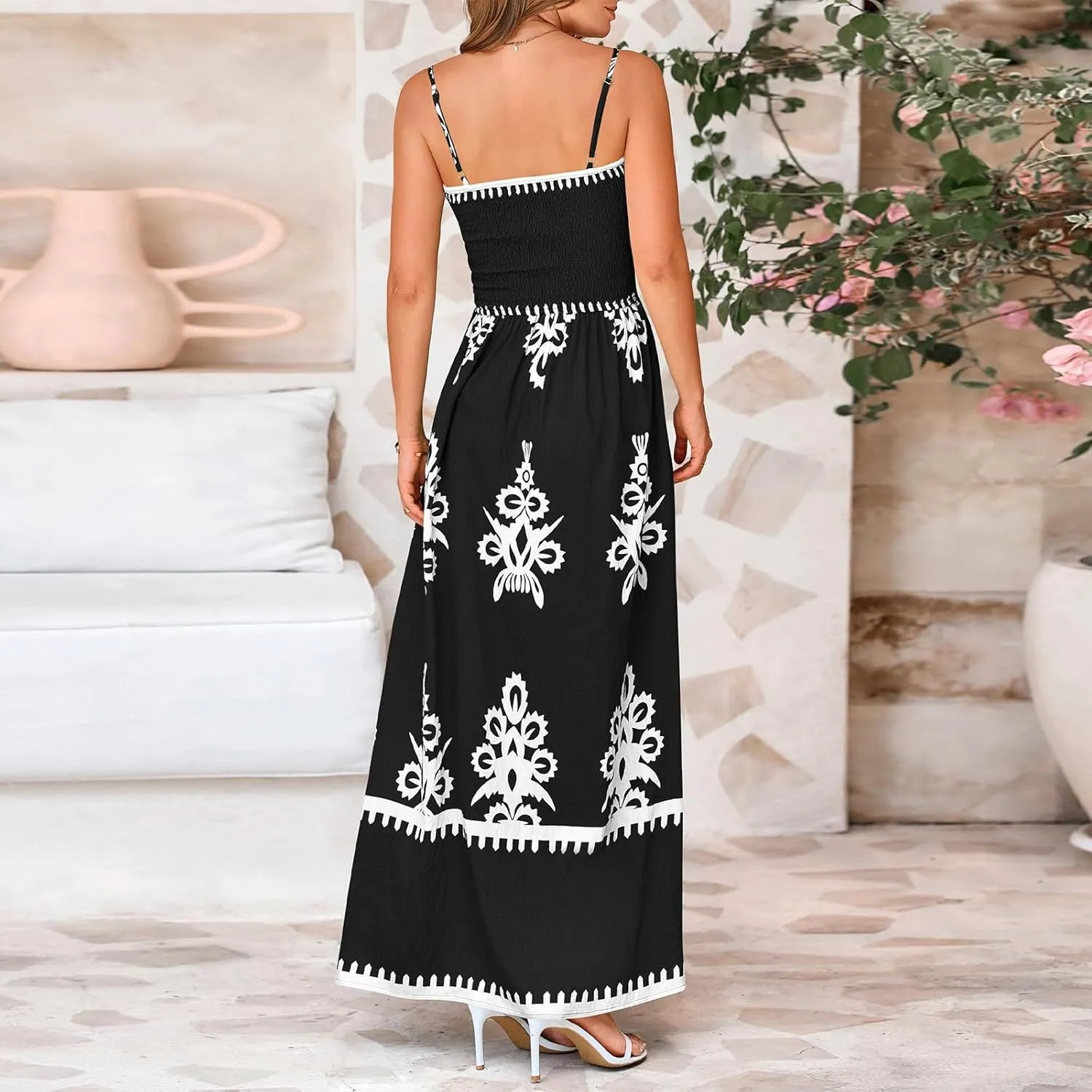 Summer Dresses for Women 2025 Square Neck Sleeveless Casual Boho Floral High Waist Slit Travel Vacation Sundress