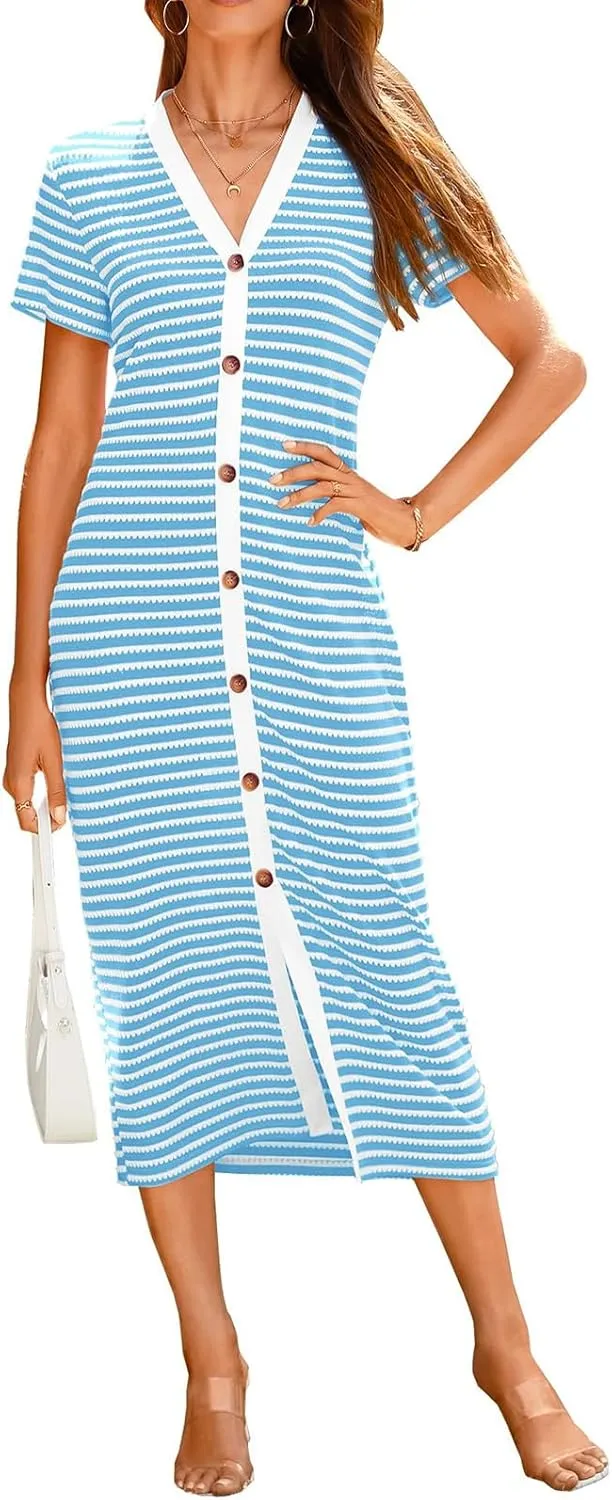 Summer Dresses for Women 2025 Striped Short Sleeve V Neck Button Down Shirt Dress Beach Vacation Sundress