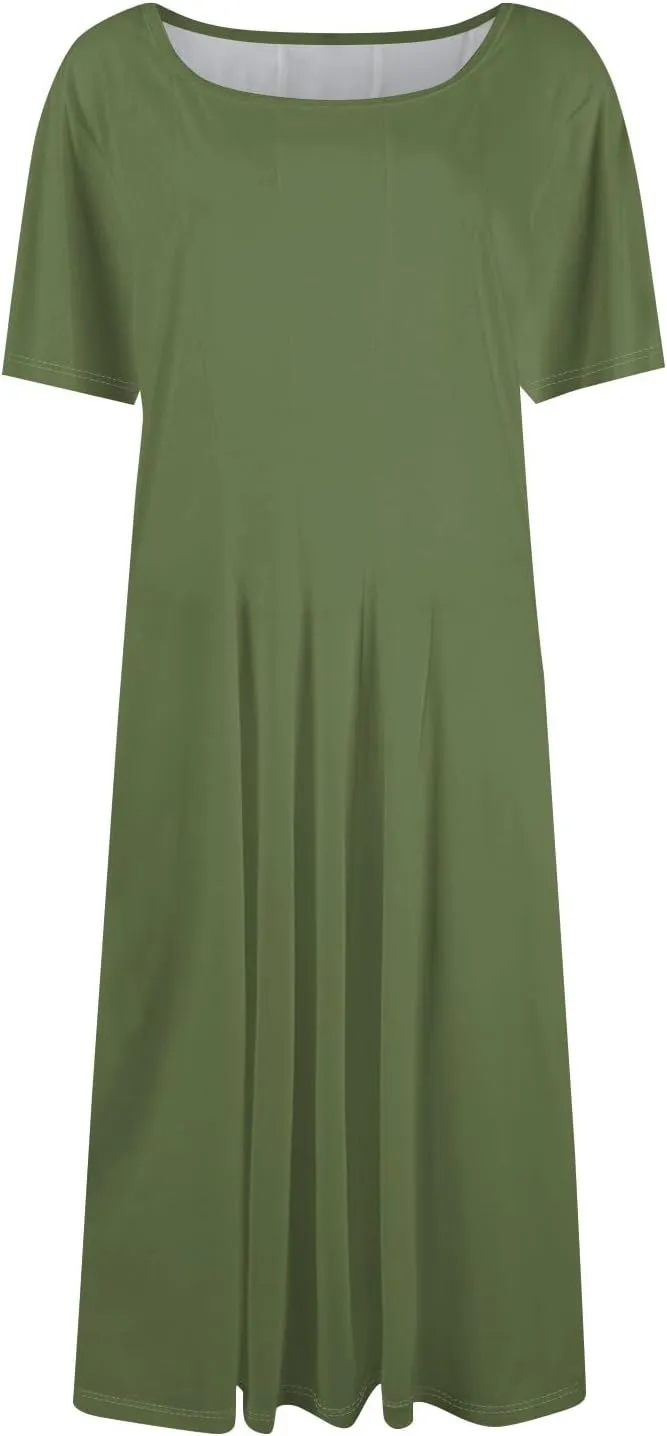 Summer Dresses for Women 2025 Trendy Short Sleeve Scoop Neck Print Beach Boho Tshirt Dress with Pockets