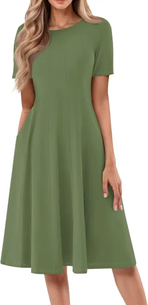 Summer Dresses for Women 2025 Trendy Short Sleeve Scoop Neck Print Beach Boho Tshirt Dress with Pockets