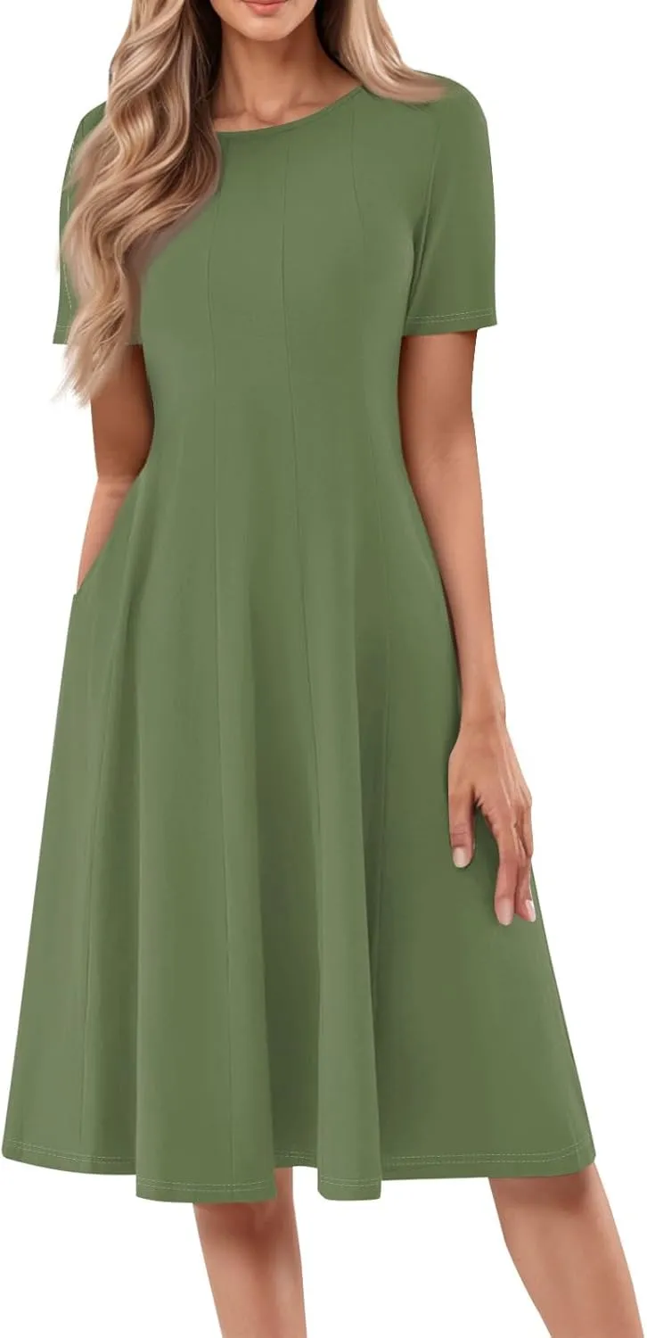 Summer Dresses for Women 2025 Trendy Short Sleeve Scoop Neck Print Beach Boho Tshirt Dress with Pockets