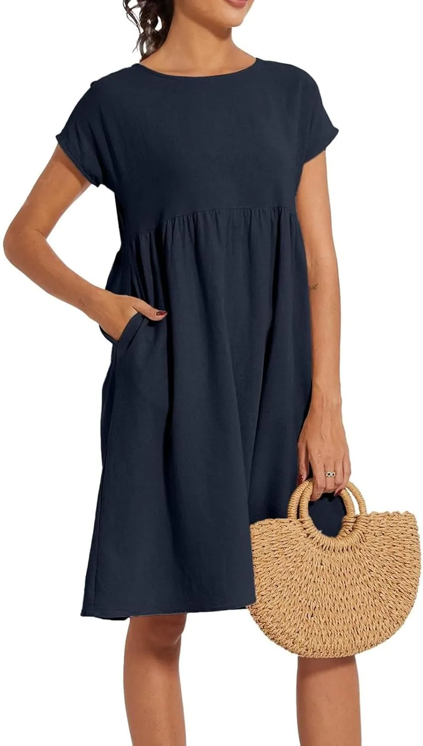 Summer Dresses for Women 2025 Women's Round Neck Cotton Linen Short Sleeves Dress Beach Vacation Comfortable Dress