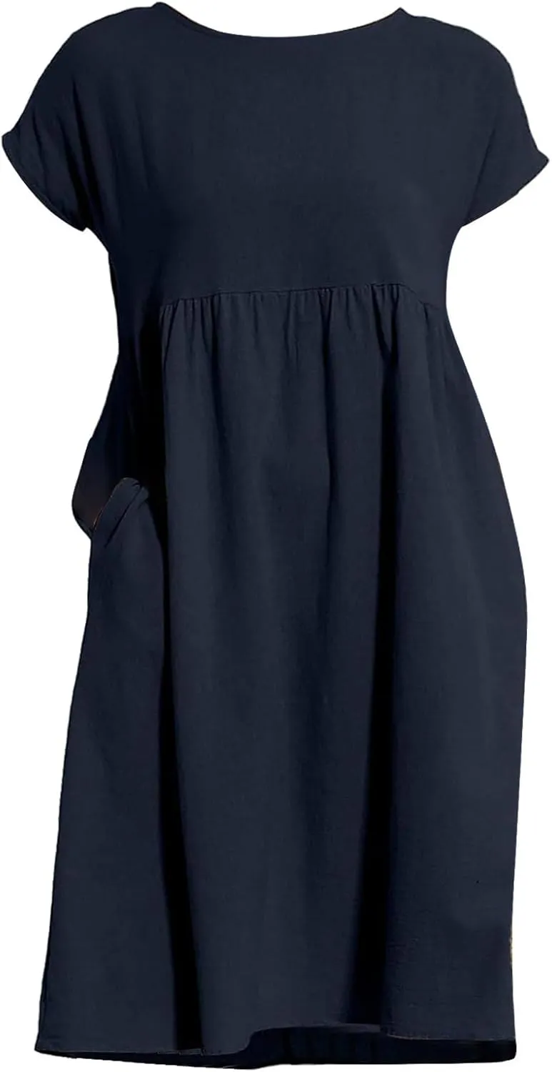 Summer Dresses for Women 2025 Women's Round Neck Cotton Linen Short Sleeves Dress Beach Vacation Comfortable Dress