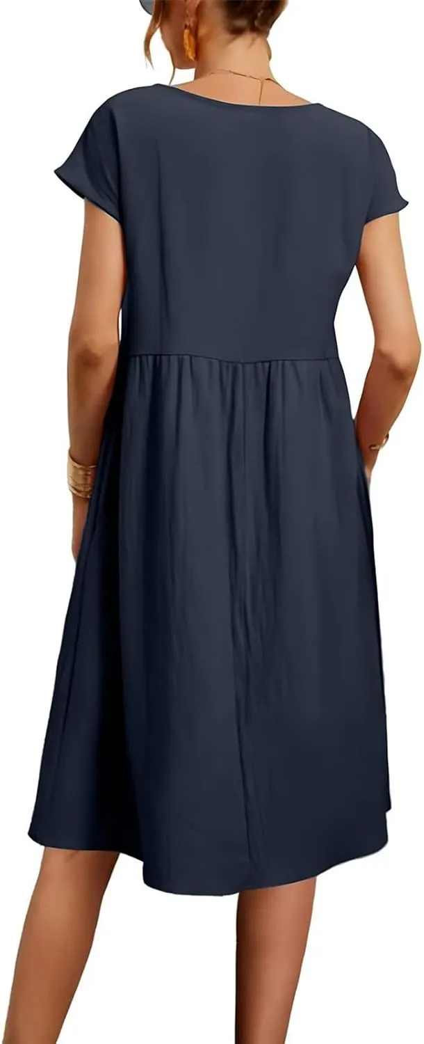 Summer Dresses for Women 2025 Women's Round Neck Cotton Linen Short Sleeves Dress Beach Vacation Comfortable Dress