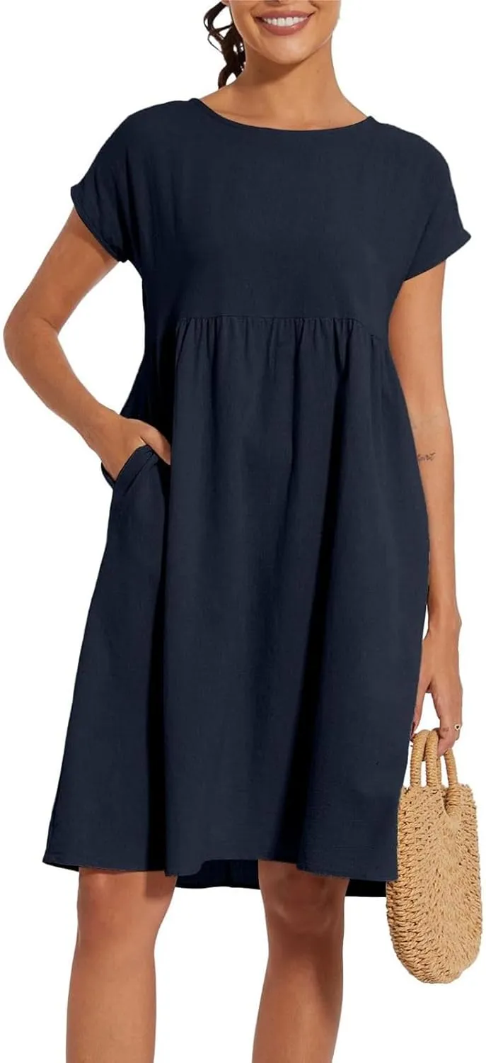 Summer Dresses for Women 2025 Women's Round Neck Cotton Linen Short Sleeves Dress Beach Vacation Comfortable Dress