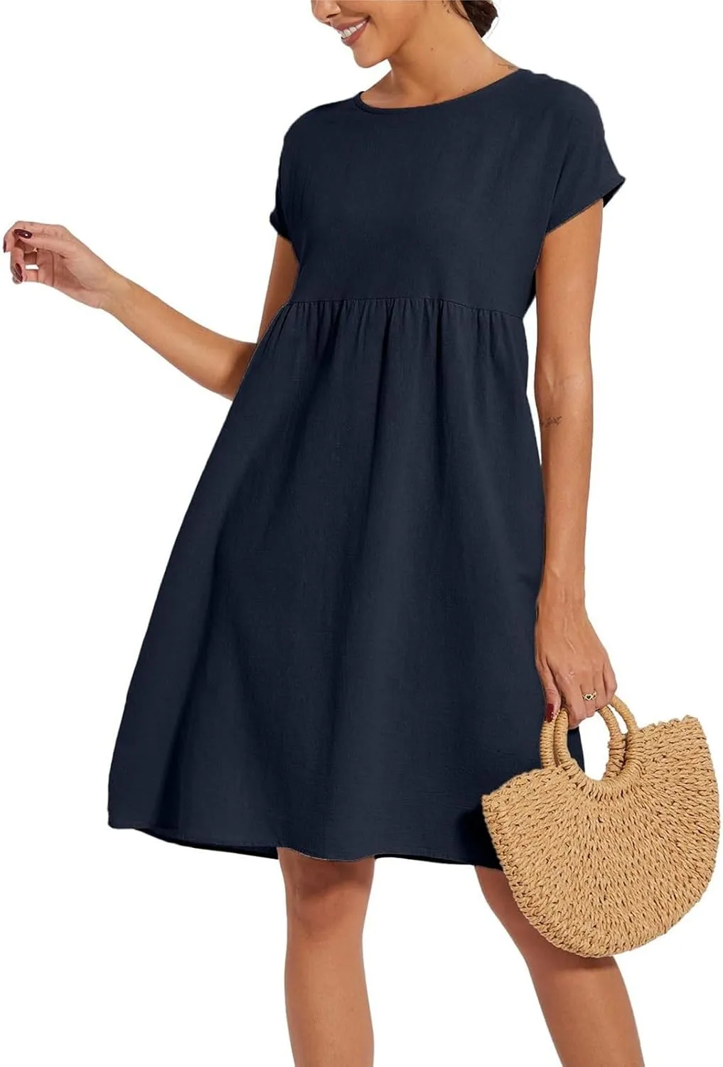 Summer Dresses for Women 2025 Women's Round Neck Cotton Linen Short Sleeves Dress Beach Vacation Comfortable Dress