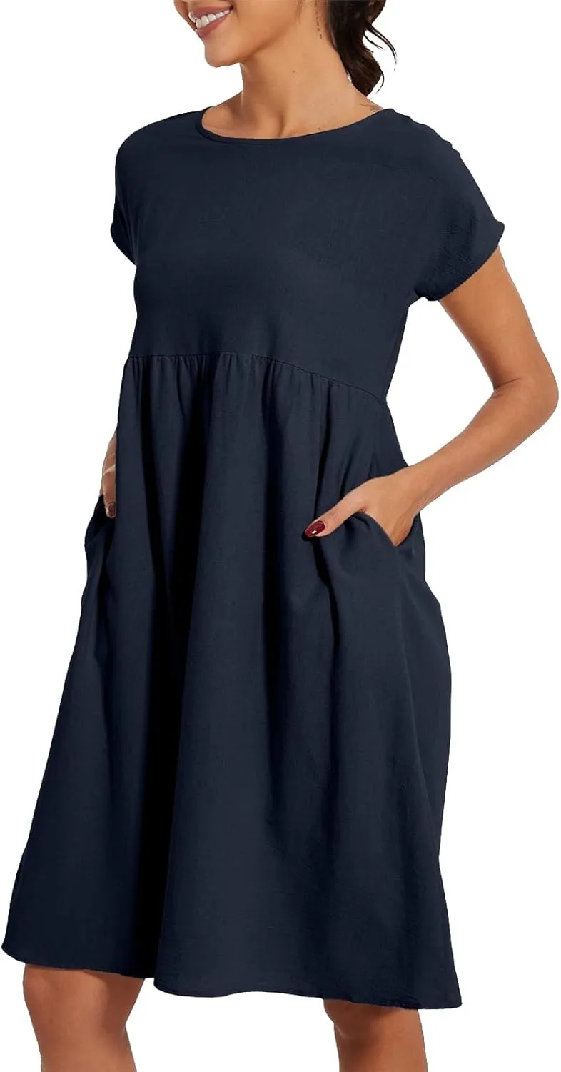 Summer Dresses for Women 2025 Women's Round Neck Cotton Linen Short Sleeves Dress Beach Vacation Comfortable Dress