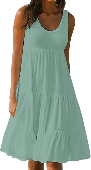 Summer Dresses for Women Casual Vacation Sexy Sleeveless Beach Dress Crewneck Splicing Boho Flowy Cute Sundresses
