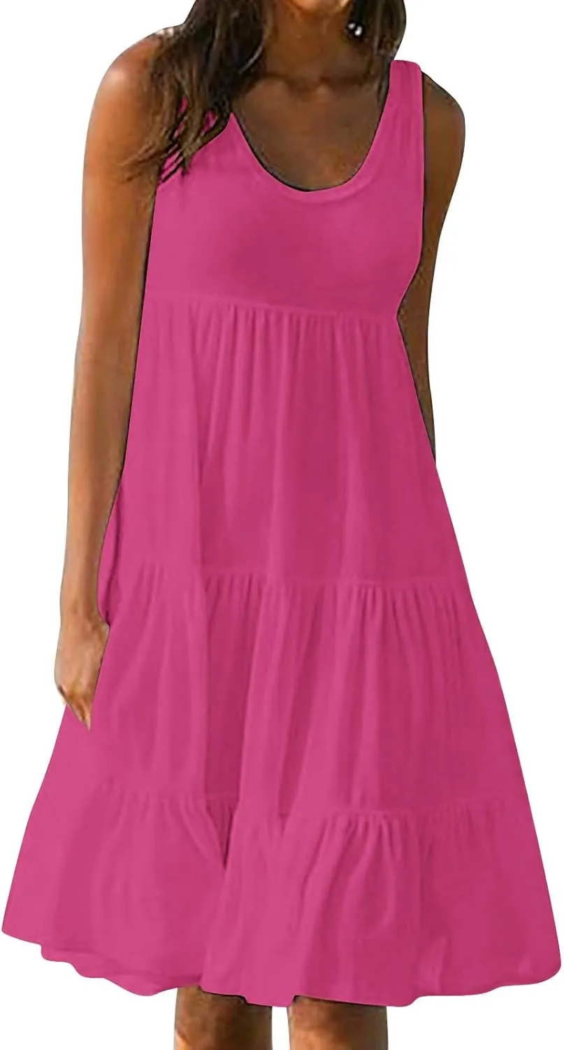 Summer Dresses for Women Casual Vacation Sexy Sleeveless Beach Dress Crewneck Splicing Boho Flowy Cute Sundresses