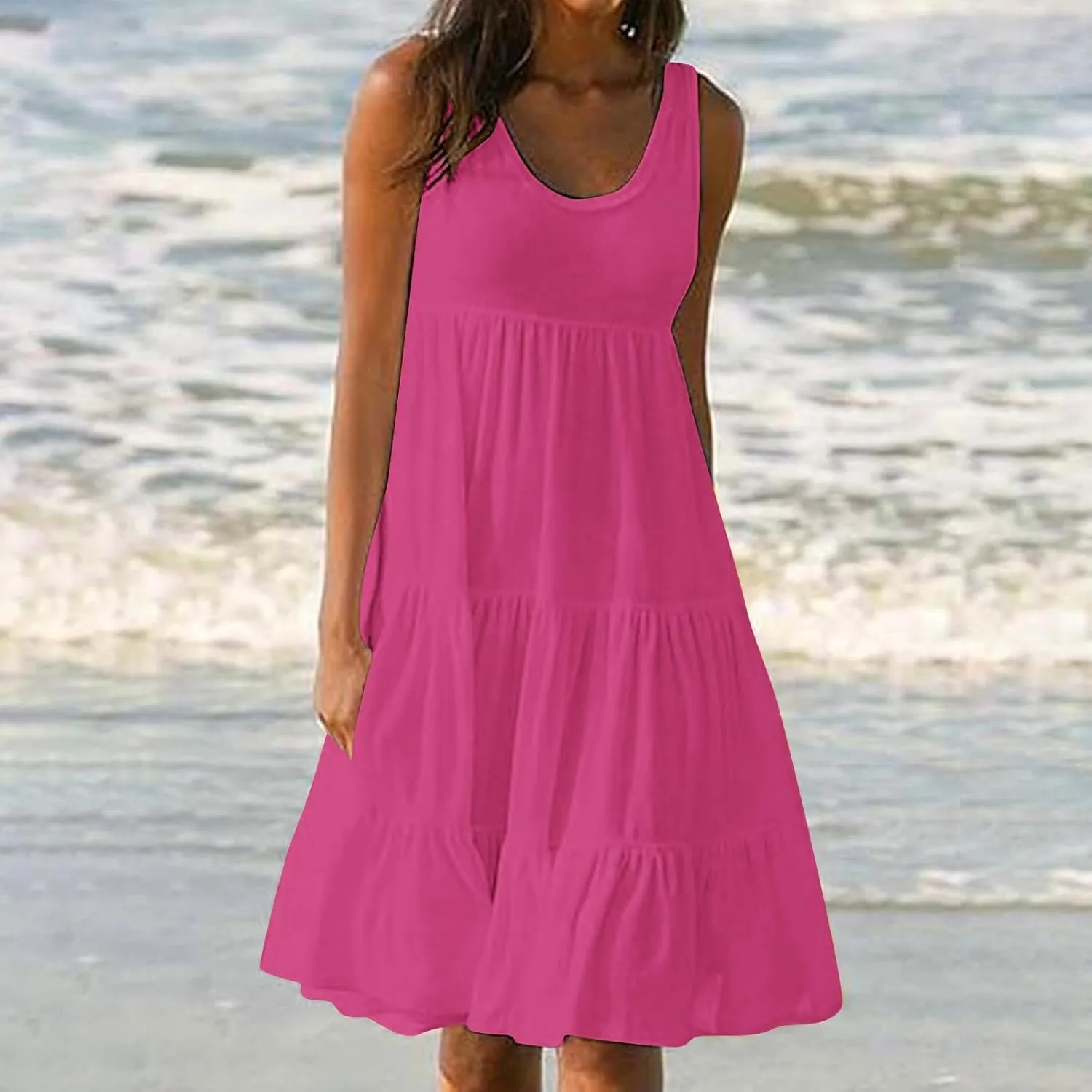 Summer Dresses for Women Casual Vacation Sexy Sleeveless Beach Dress Crewneck Splicing Boho Flowy Cute Sundresses