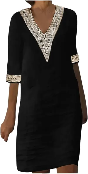 Summer Dresses for Women Cotton Linen V Neck Short Sleeve Casual Embroidered Dress Beach Vacation T Shirt Shift Dress