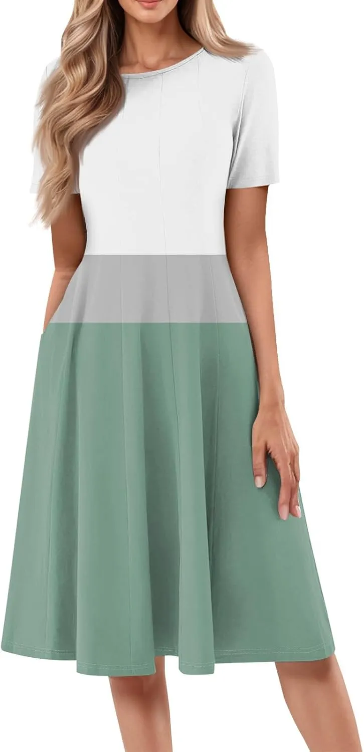 Summer Dresses for Women Flowy Casual Midi Dresses Aline Beach Tshirt Dress Floral Short Sleeve Dress with Pockets