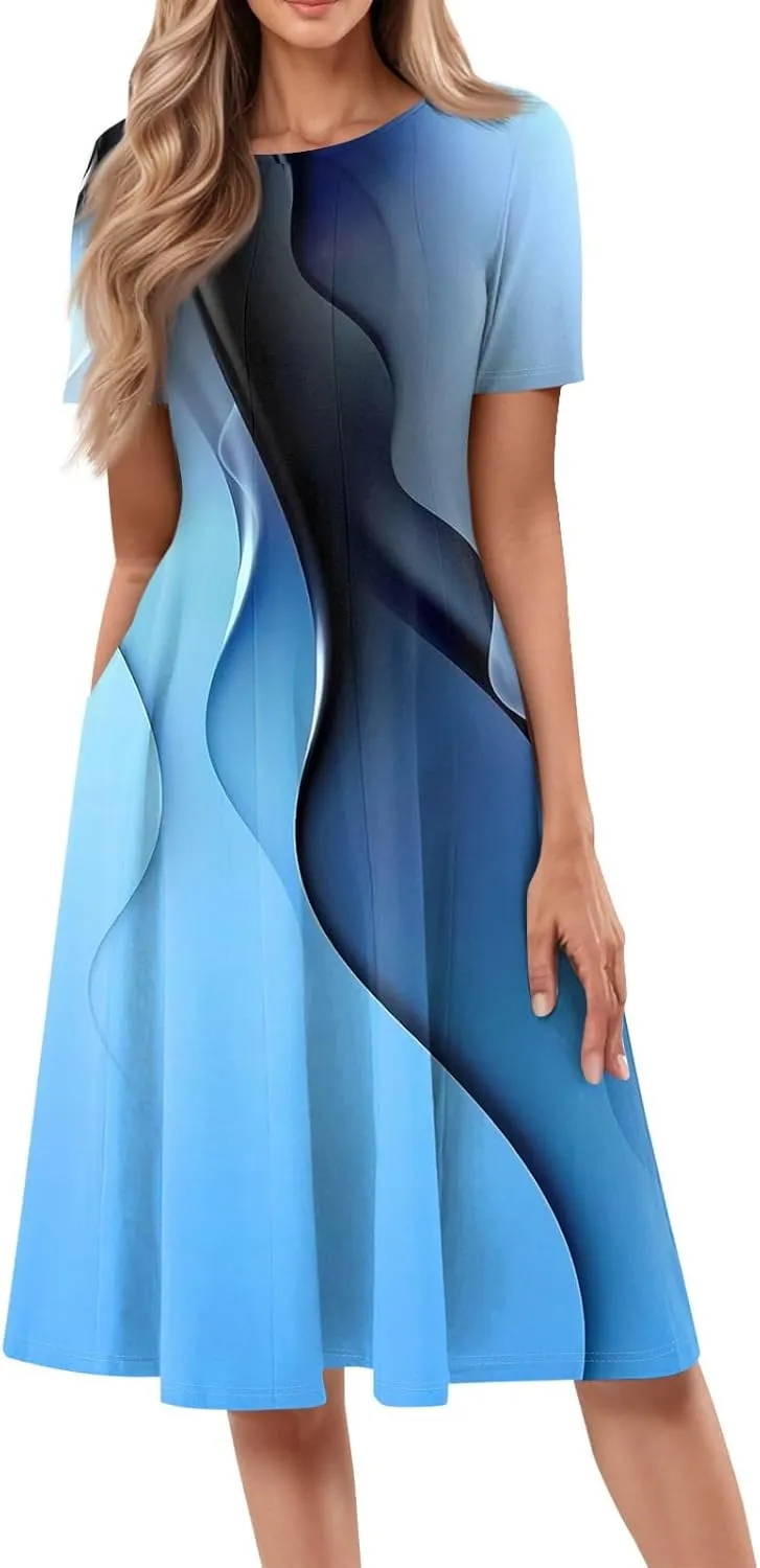 Summer Dresses for Women Flowy Casual Midi Dresses Aline Beach Tshirt Dress Floral Short Sleeve Dress with Pockets