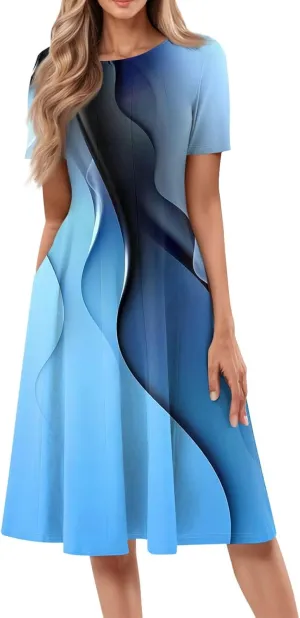 Summer Dresses for Women Flowy Casual Midi Dresses Aline Beach Tshirt Dress Floral Short Sleeve Dress with Pockets