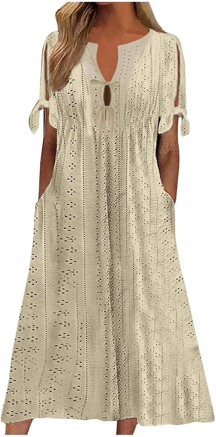 Summer Dresses for Women Short Sleeve Boho Travel Dresses Beach Wear Party Maxi Solid Color Vacation Dress 2025