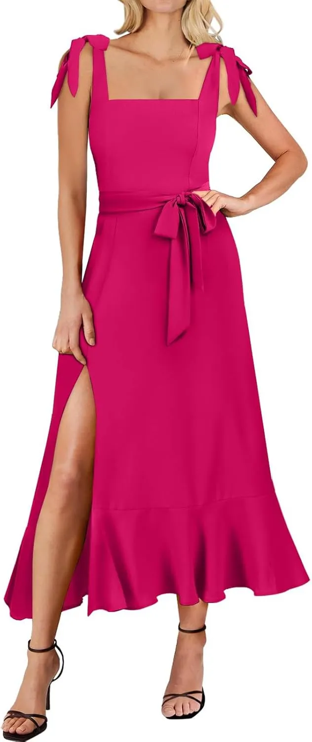 Summer Dresses for Women Square Neck Ruffle Split Dress Bow Strap Wedding Guest Dress Formal Cocktail Party Dresses