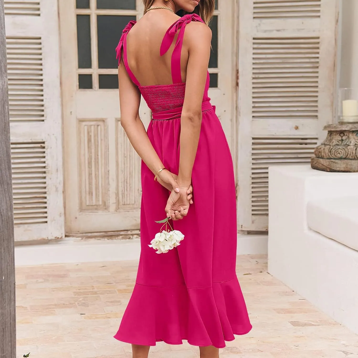 Summer Dresses for Women Square Neck Ruffle Split Dress Bow Strap Wedding Guest Dress Formal Cocktail Party Dresses