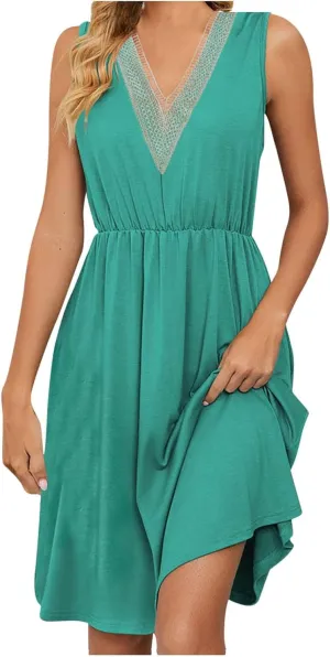 Summer Dresses for Womens 2024 Sexy Lace Patchwork V-Neck Dress Solid Sleeveless Smocked Waist Knee-Length Midi Dress