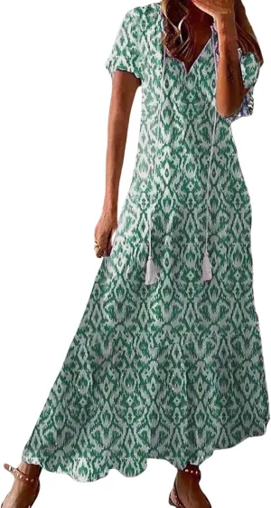 Summer Maxi Dresses for Women 2025 Short Sleeve V Neck Floral Dress Flowy Swing Dress Elegant Dressy Maxi