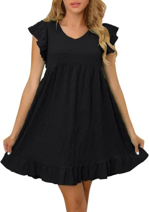 Summer Mini Dress for Women V Neck Cap Sleeve Pleated Solid Color Swing Hem Party Club Flared Dresses