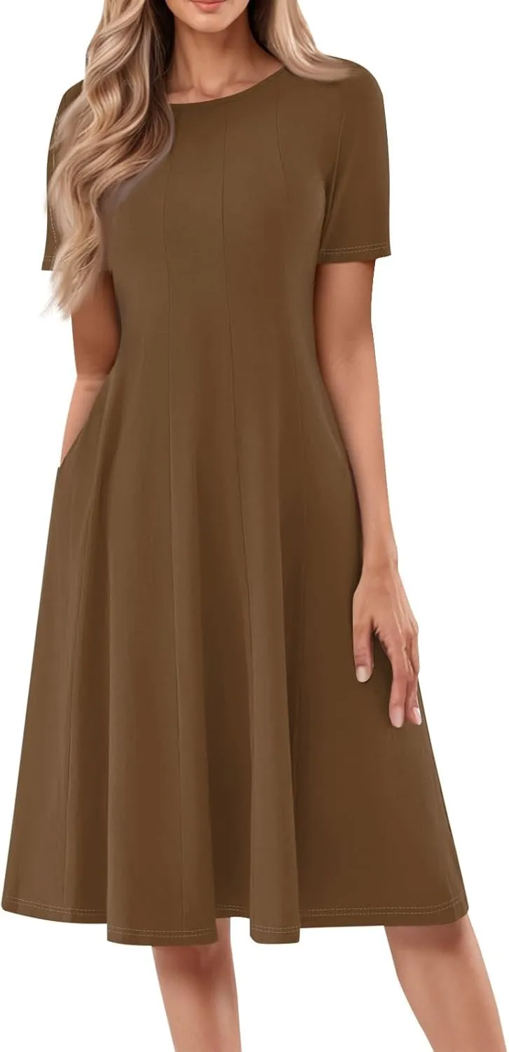 Summer Shirt Dresses for Women 2025 Short Sleeve Tiered Maxi Dresses Crewneck Flowy Beach Sundresses with Pockets