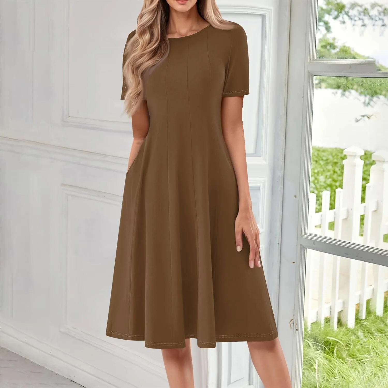 Summer Shirt Dresses for Women 2025 Short Sleeve Tiered Maxi Dresses Crewneck Flowy Beach Sundresses with Pockets