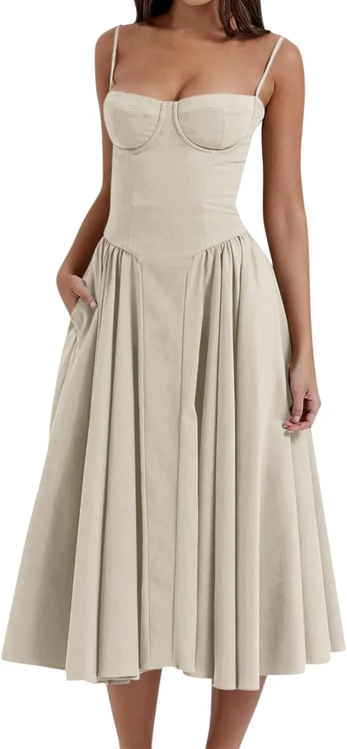 Summer Womens Corset Dress Elegant Spaghetti Strap Bustier Midi Dress Trendy Flowy Pleated Hem Low Cut Prom Dresses