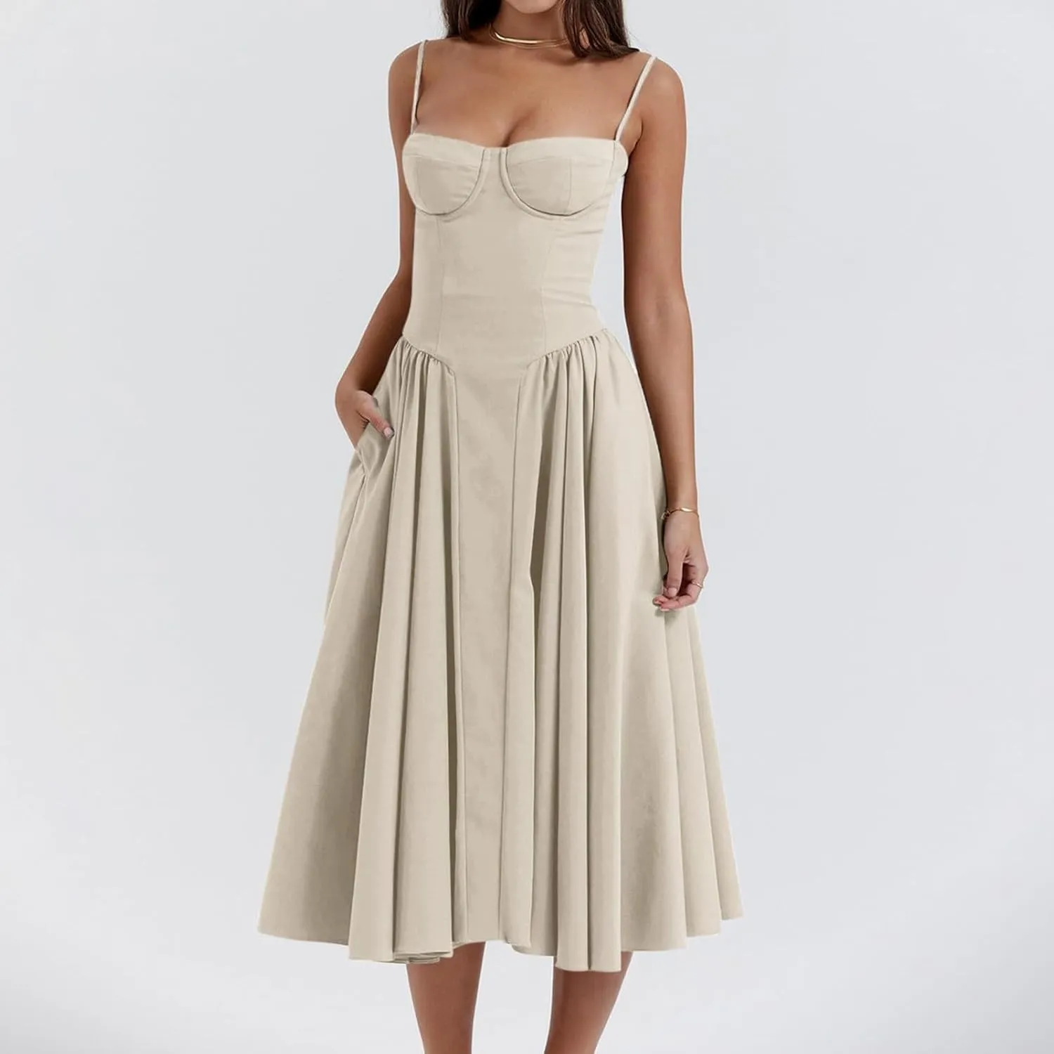Summer Womens Corset Dress Elegant Spaghetti Strap Bustier Midi Dress Trendy Flowy Pleated Hem Low Cut Prom Dresses