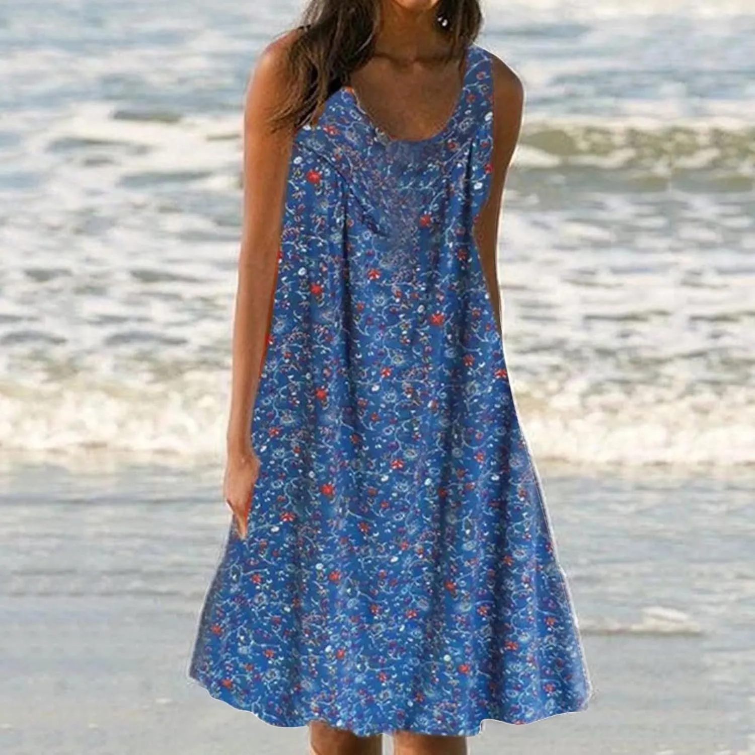 Sun Dresses Women Tank Top Dress Casual Summer Vacation Dress Short Dress Sleeveless Fashion Floral Dress with Pockets